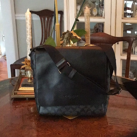 Coach Black Messenger Flap Bag with Leather Trim EUC - Picture 1 of 8
